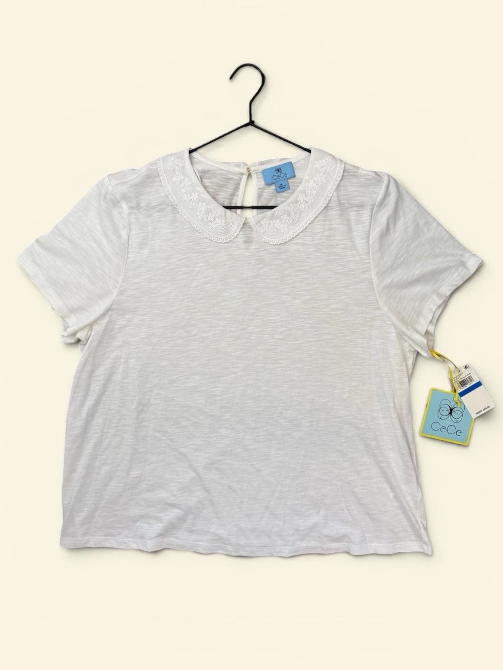 CeCe Peter Pan Collar White Soft Ecru Short Sleeve Tee